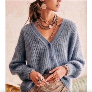 Sezane Achille Jumper Ribbed Knit Oversized Cardigan Sweater in Vintage Blue XXL
